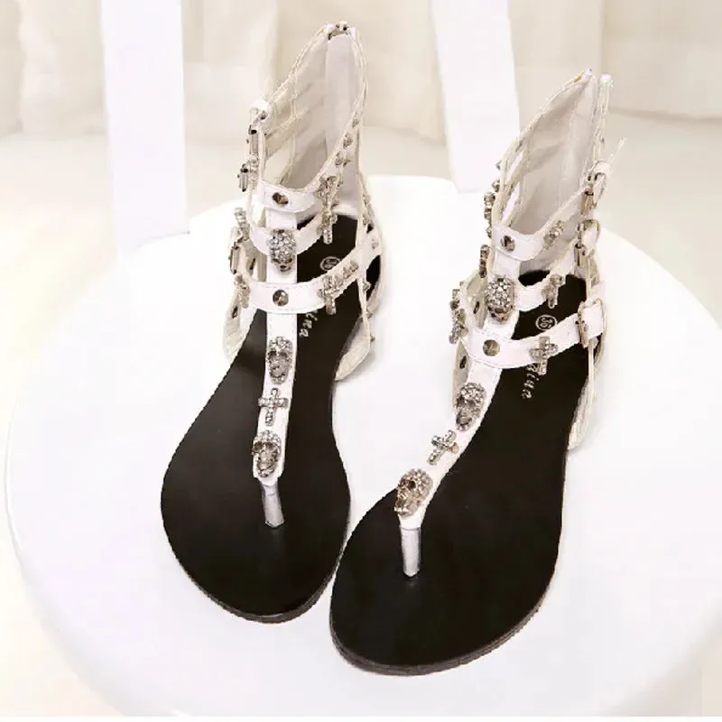 2024 Summer Sandals Women's Shoes - Sexy Crystal Gladiator Sandals with Skull Design