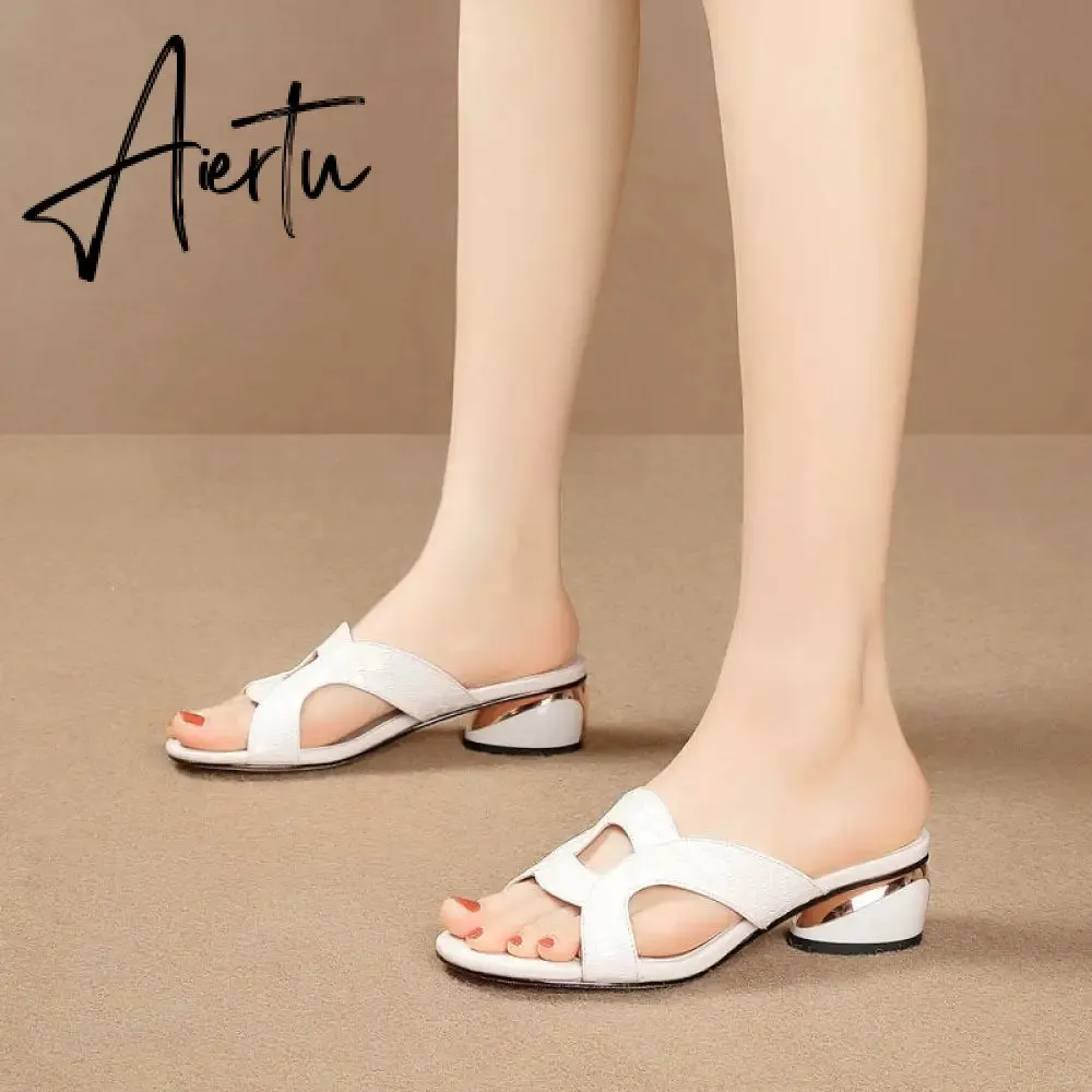 Aiertu Women Shoes Red Sexy Soft Leather Female Flipflop Slippers Summer Fashion Heels Slides Shoes For Girls Comfortable Sandals