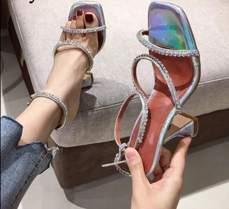 Amozae- 2024  New Design Square Toe Sandals Fashion Crystal Diamond PU Leather Ankle Buckle Strap Strange Heels Shoes Woman Summer