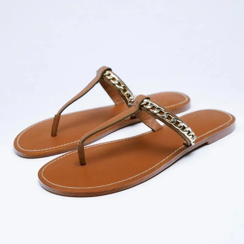 Amozae-Flats Flip Flops Women Brand Metal Chain Designer Sandals Female Plus Size 41-43 Fashions Open-toe Casual Beach Slippers Women