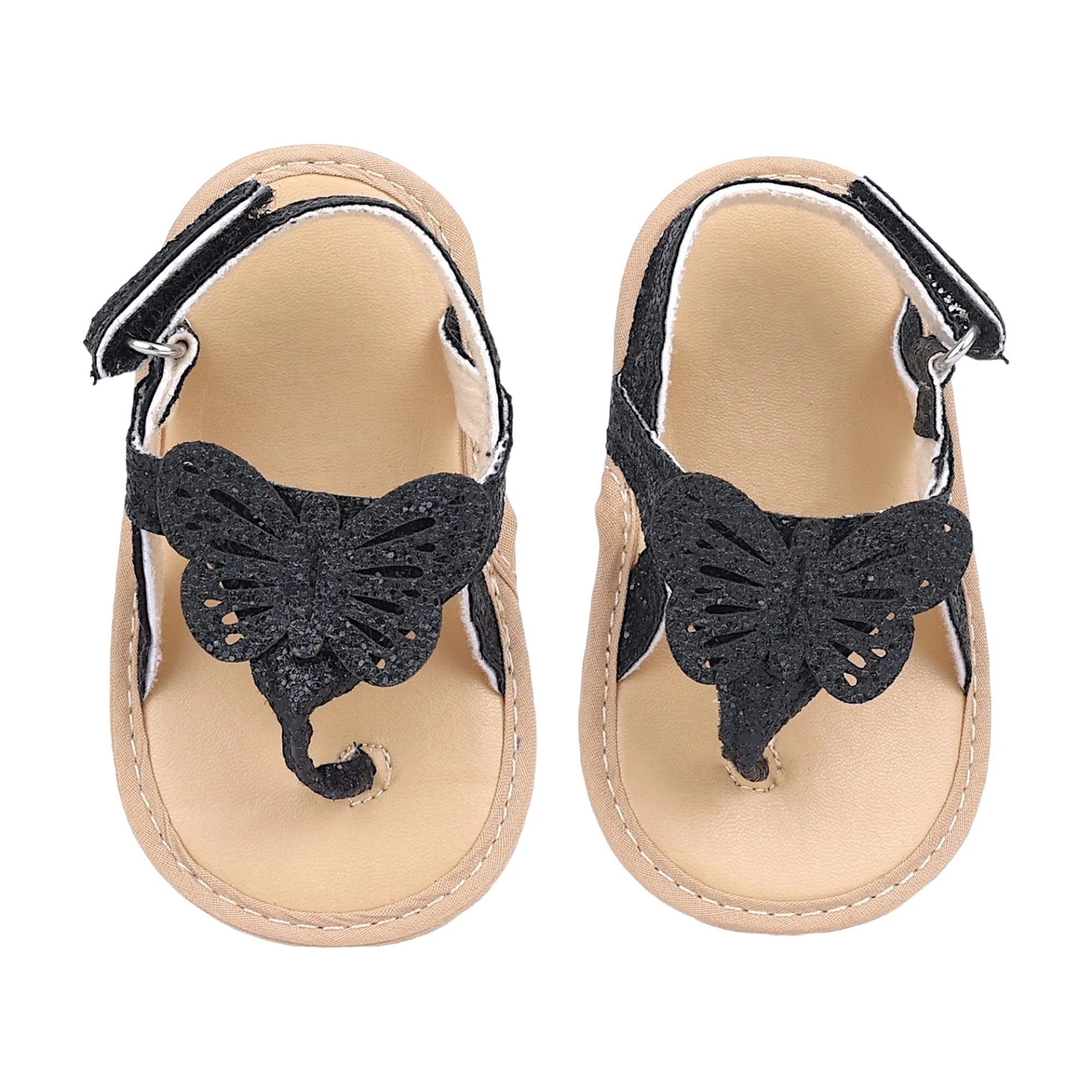 Baby Moo Sequin Butterfly Velcro Straps Anti-Skid Open Toe Sandals - Black