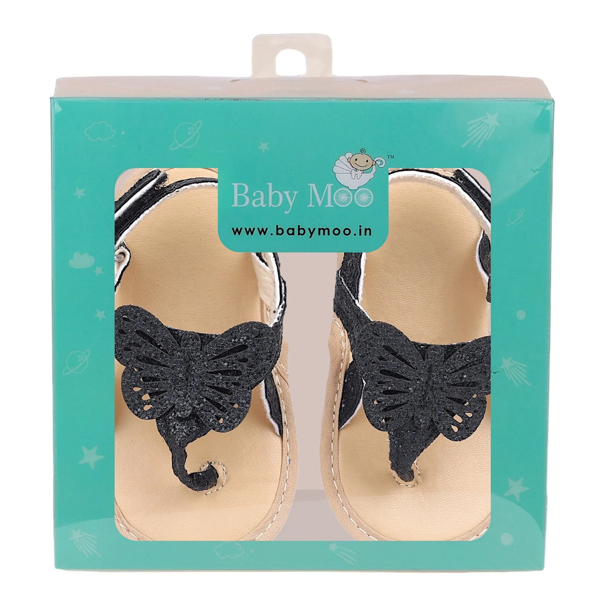 Baby Moo Sequin Butterfly Velcro Straps Anti-Skid Open Toe Sandals - Black