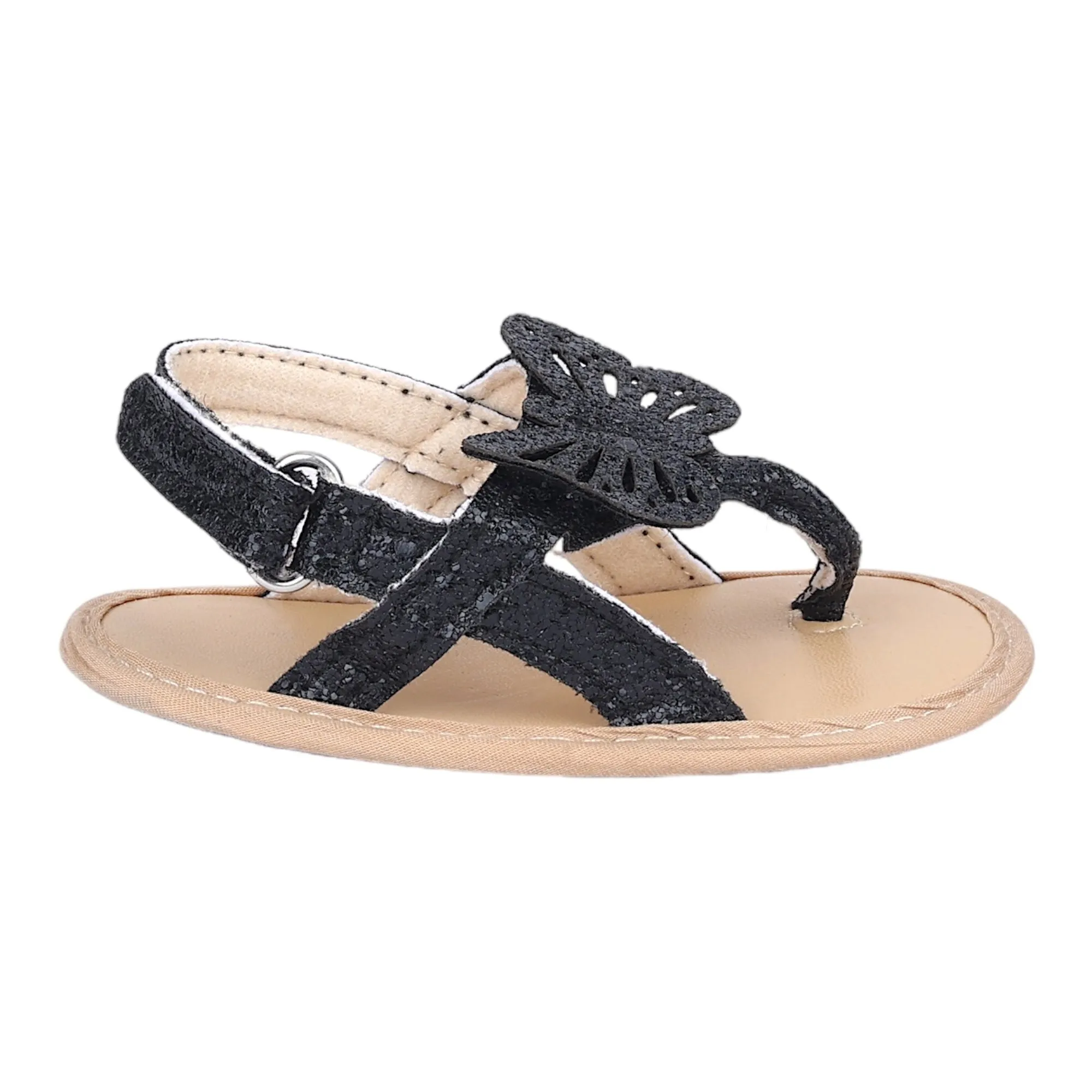 Baby Moo Sequin Butterfly Velcro Straps Anti-Skid Open Toe Sandals - Black