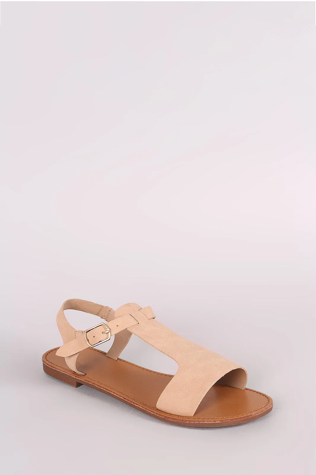 Breckelle Nubuck T-Strap Open Toe Flat Sandal