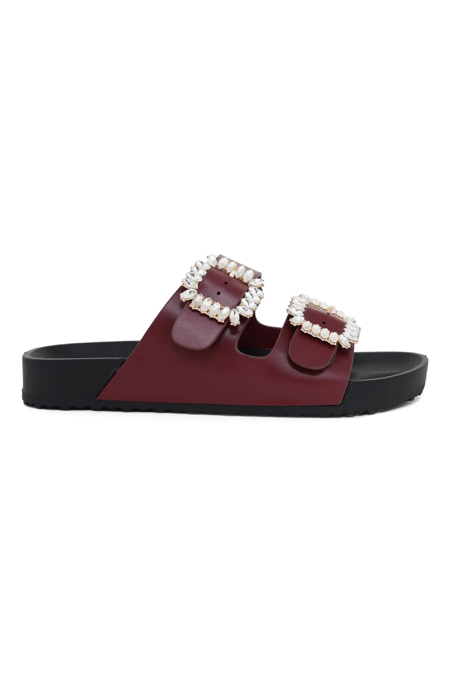 BUCKLED BLISS SLIDES-BURGUNDY