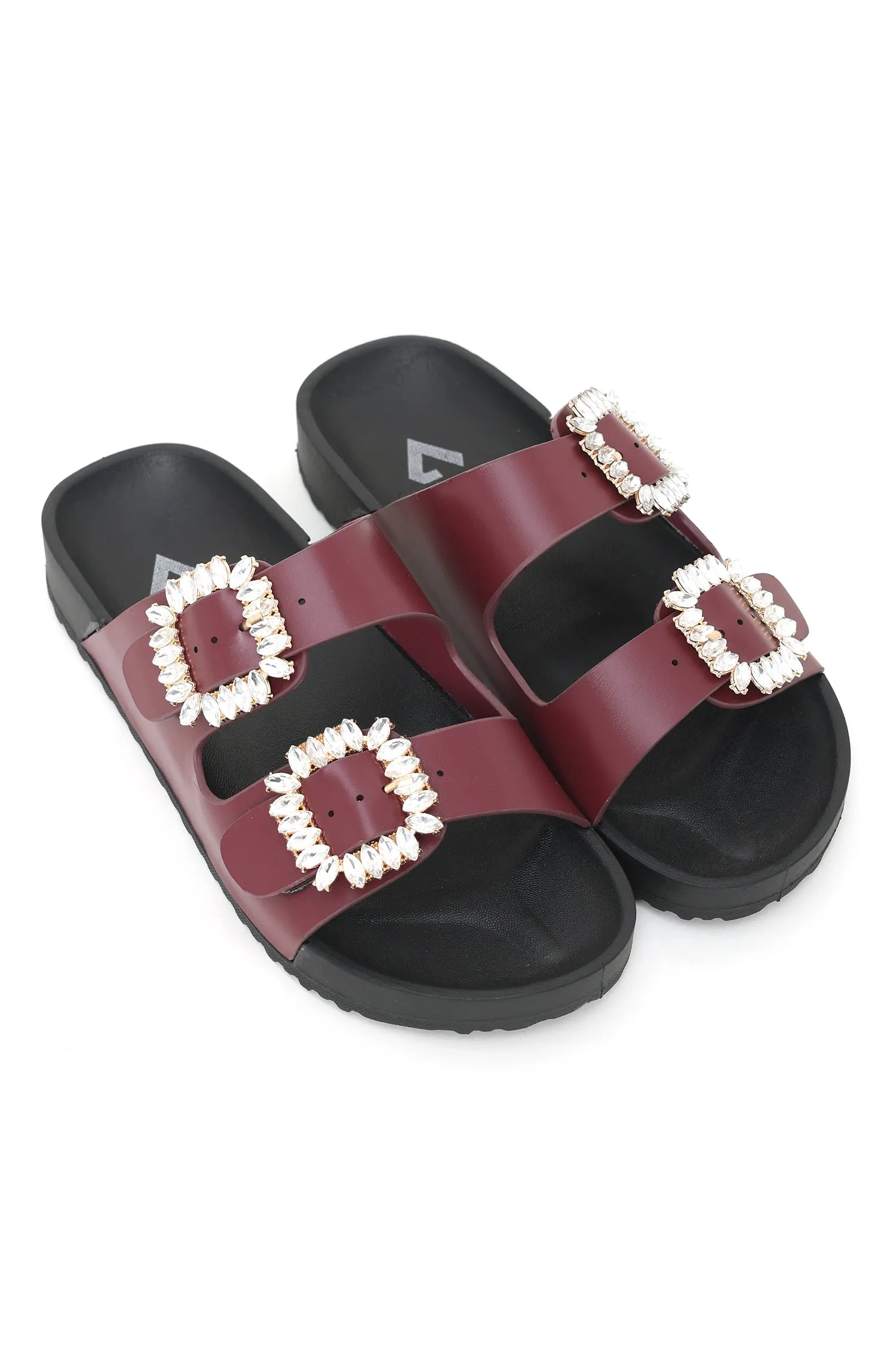 BUCKLED BLISS SLIDES-BURGUNDY