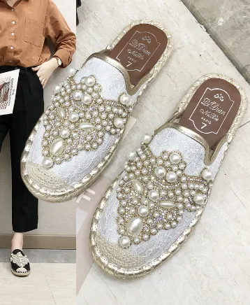 Cheap Faux Pearl Decorated Cap Toe PU Flats