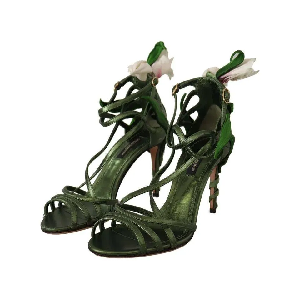 Dolce & Gabbana Acid Green Leather Strappy Flower Heels Sandals Shoes