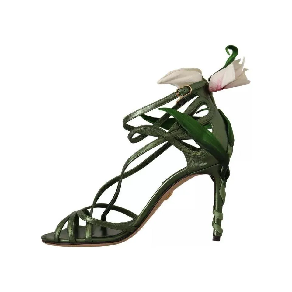 Dolce & Gabbana Acid Green Leather Strappy Flower Heels Sandals Shoes