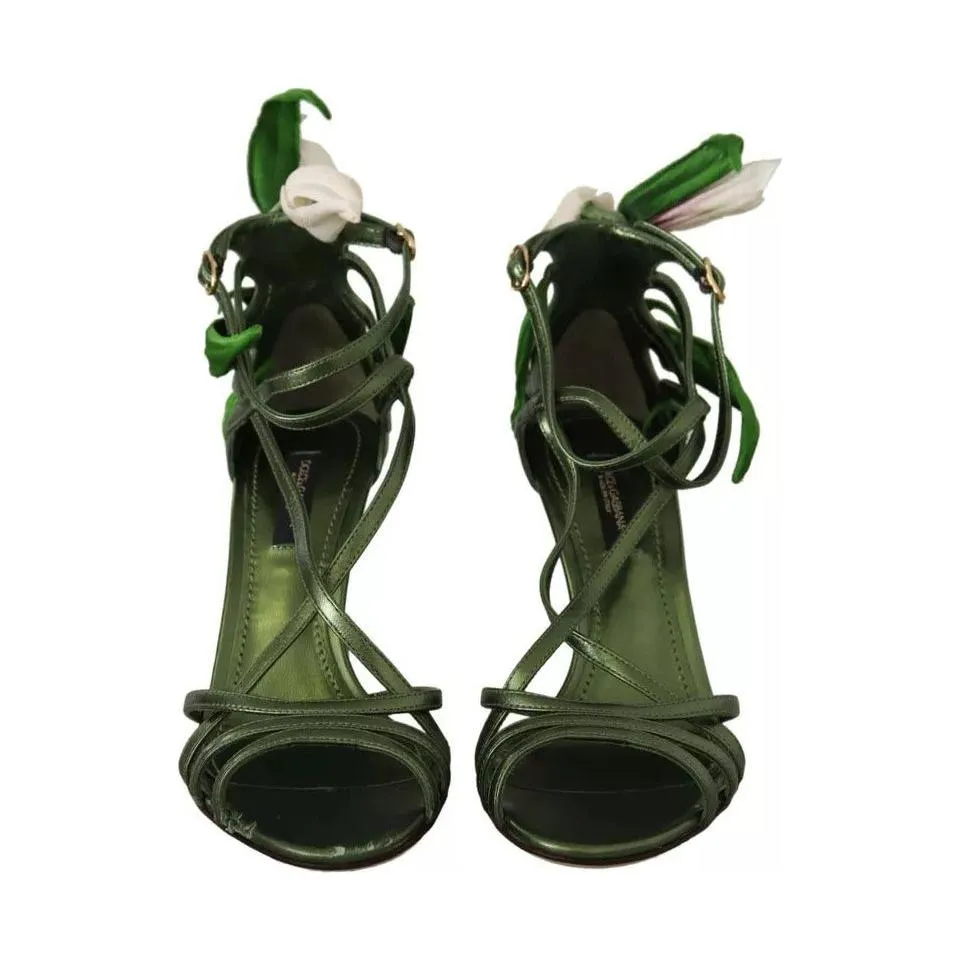 Dolce & Gabbana Acid Green Leather Strappy Flower Heels Sandals Shoes