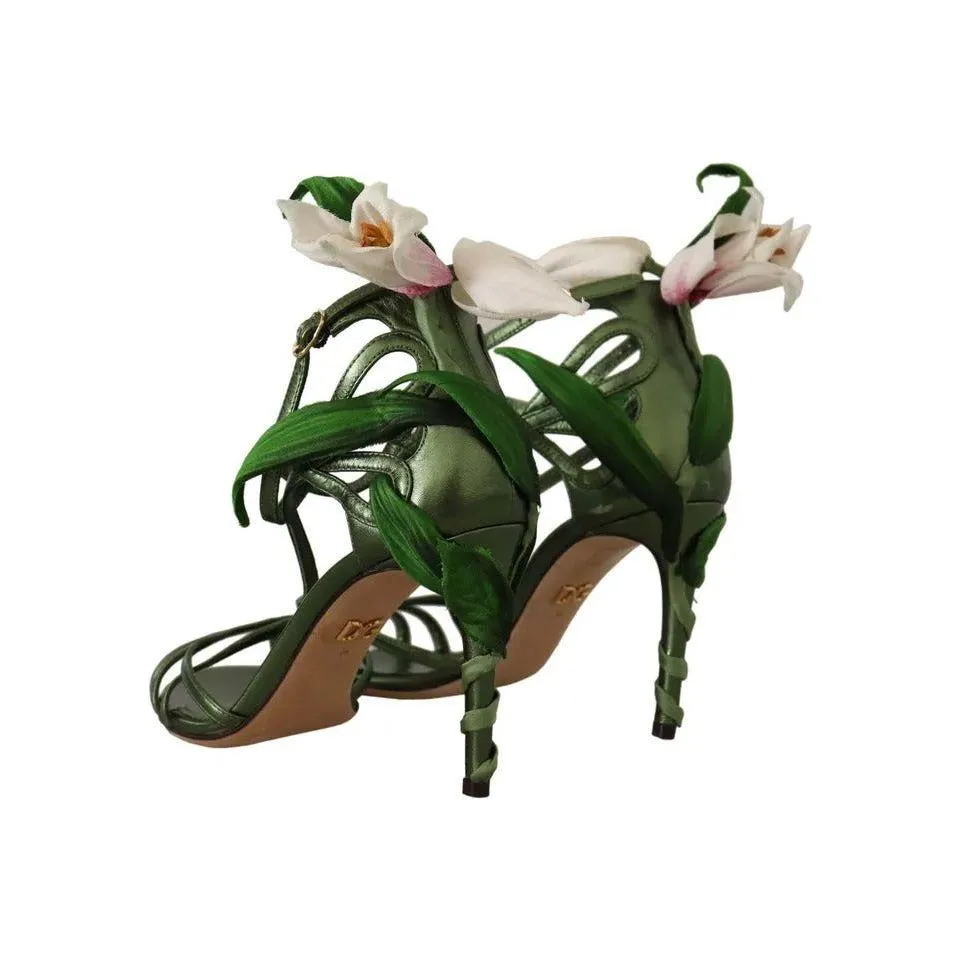 Dolce & Gabbana Acid Green Leather Strappy Flower Heels Sandals Shoes