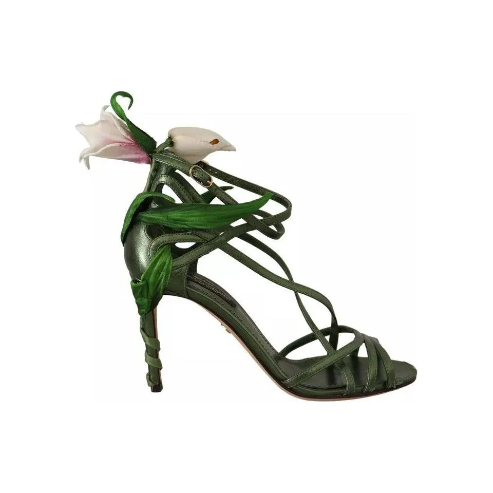 Dolce & Gabbana Acid Green Leather Strappy Flower Heels Sandals Shoes