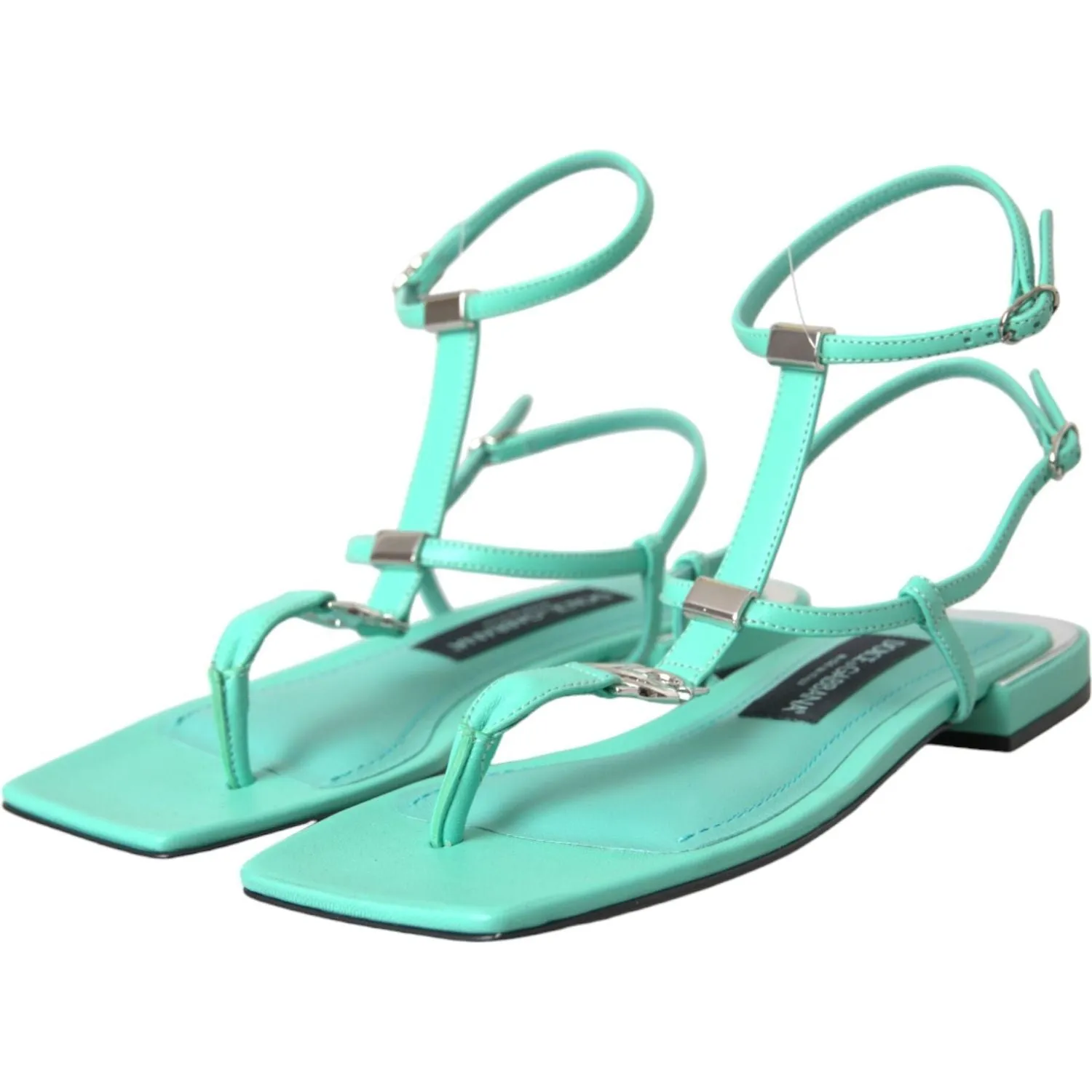 Dolce & Gabbana Aqua Green Leather Ankle Strap Flats Sandals Shoes