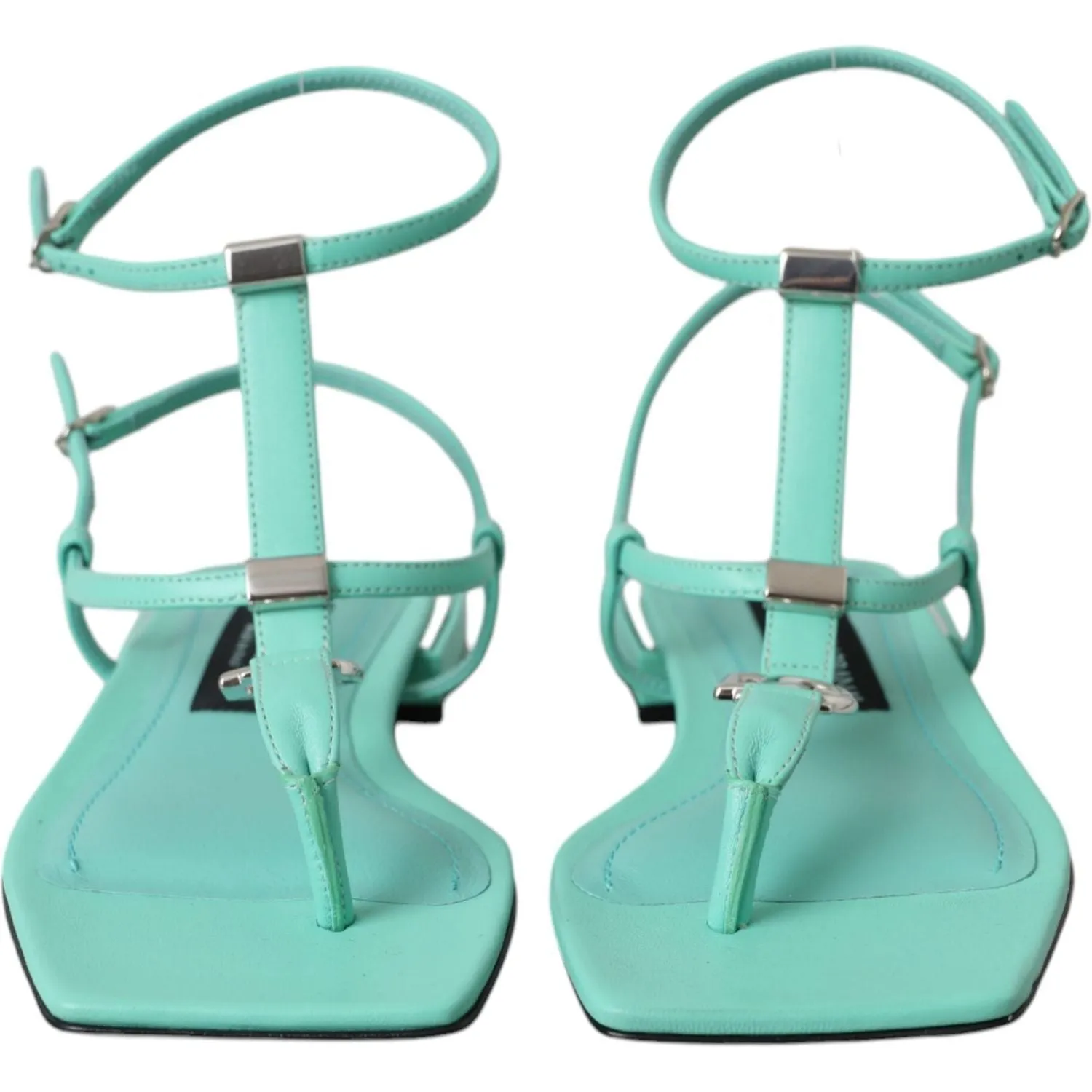 Dolce & Gabbana Aqua Green Leather Ankle Strap Flats Sandals Shoes