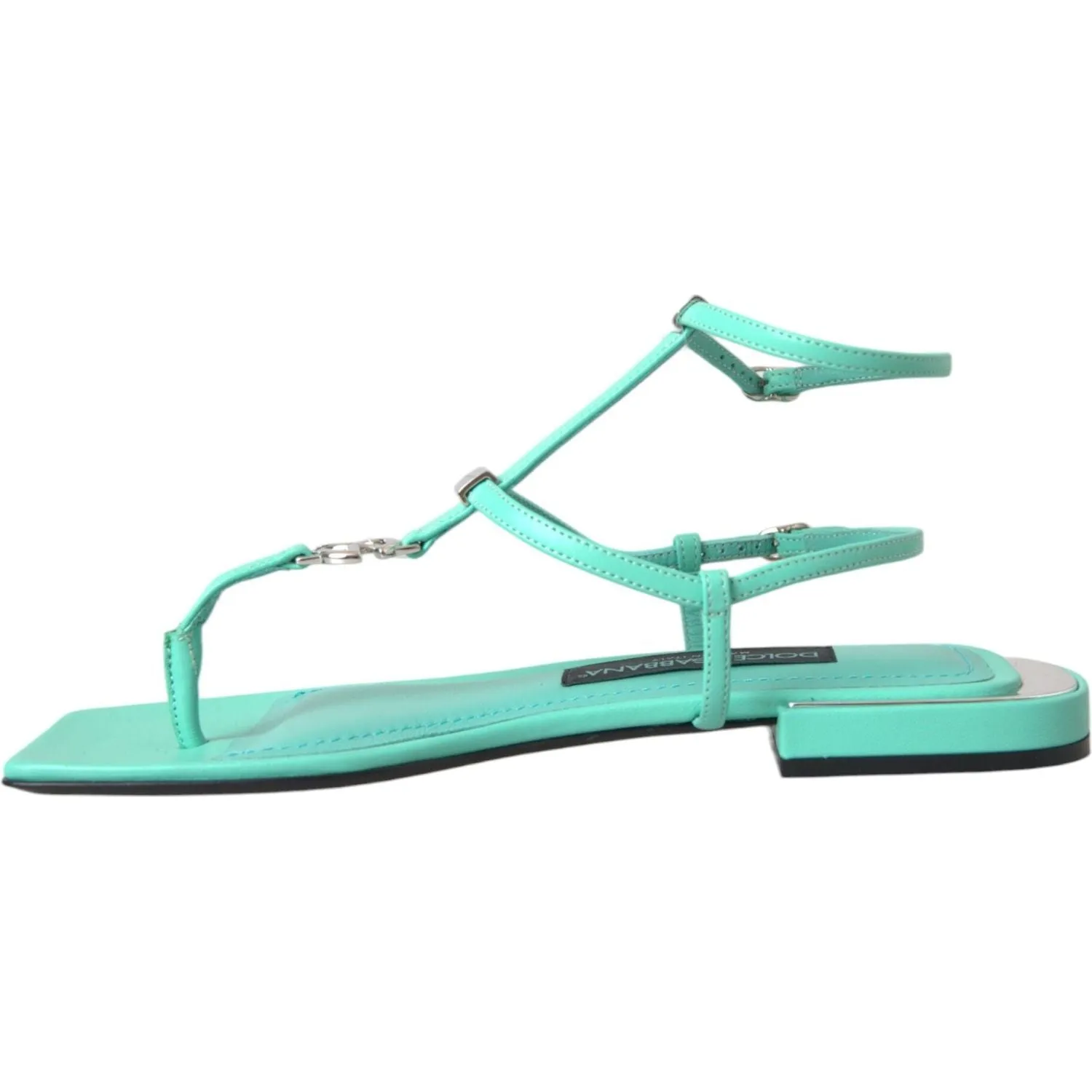 Dolce & Gabbana Aqua Green Leather Ankle Strap Flats Sandals Shoes