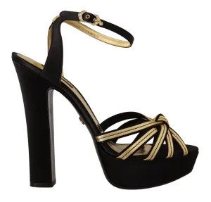 Dolce & Gabbana Black Gold Viscose Ankle Strap Heels Sandals Shoes