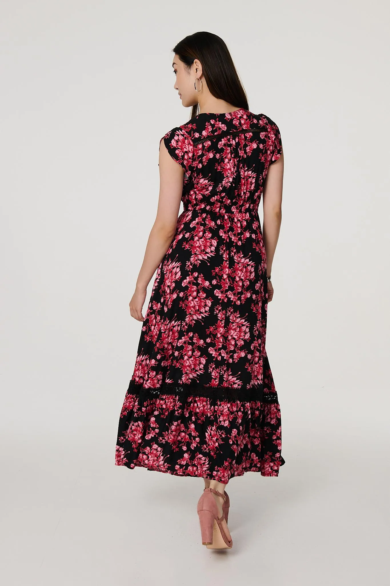 Floral Cap Sleeve Tiered Maxi Dress