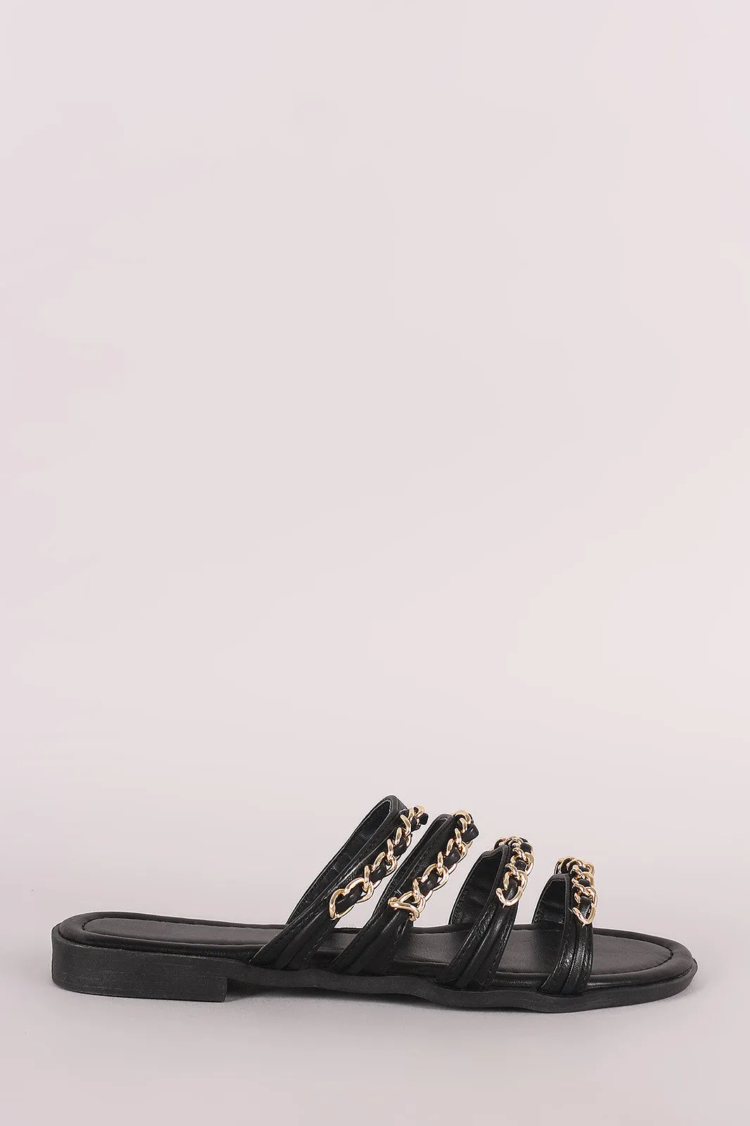 Leather Strappy Chain-Embellished Open Toe Slip On Sandal