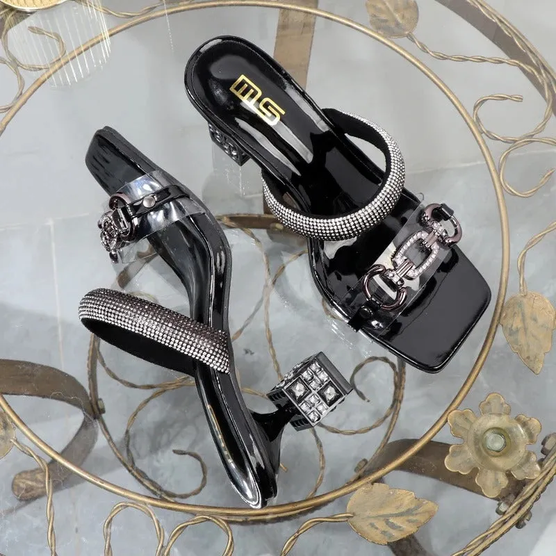 Luxurious Glitter Metal Belt Decor High Heel Sandals