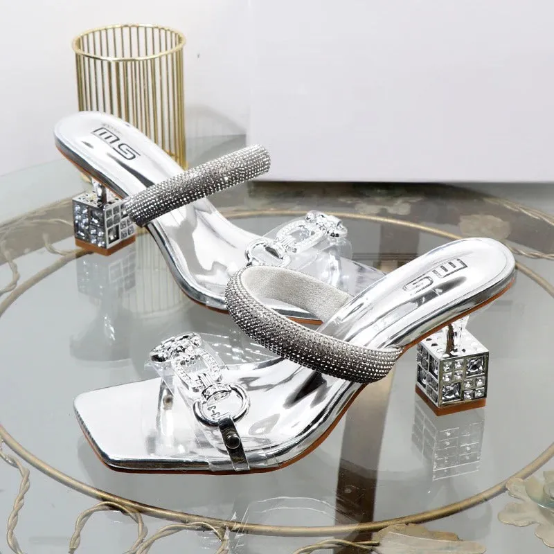 Luxurious Glitter Metal Belt Decor High Heel Sandals