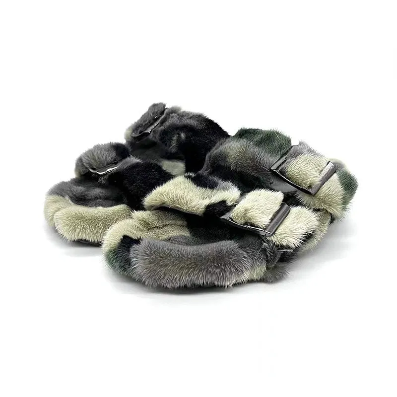 Mink Sandals Fur Slides Flat Slippers Ladies Outdoor Flip Flops For Women Camouflage Color