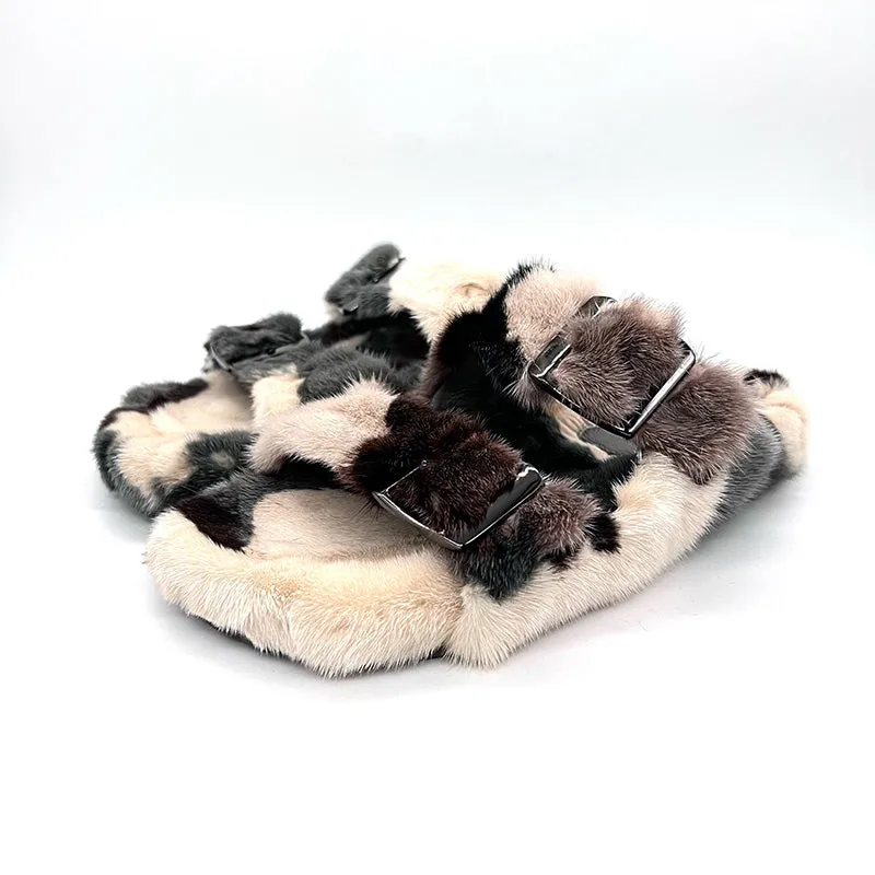 Mink Sandals Fur Slides Flat Slippers Ladies Outdoor Flip Flops For Women Camouflage Color