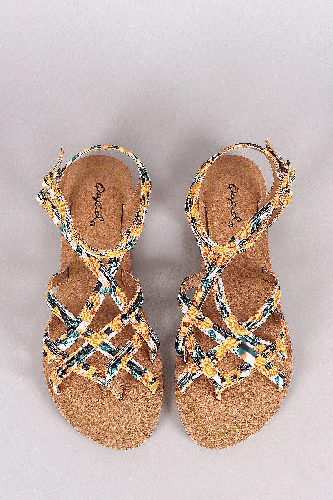 Qupid Strappy Woven Floral Gladiator Thong Flat Sandal