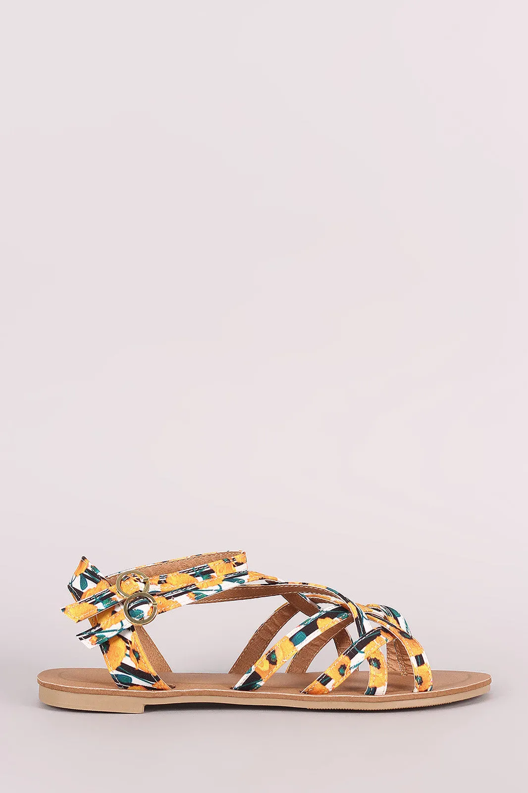 Qupid Strappy Woven Floral Gladiator Thong Flat Sandal