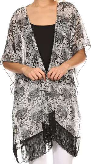 Sakkas Yew Long Wide Sheer Printed Fringe Bottom Short Draped Sleeve Kimono Top