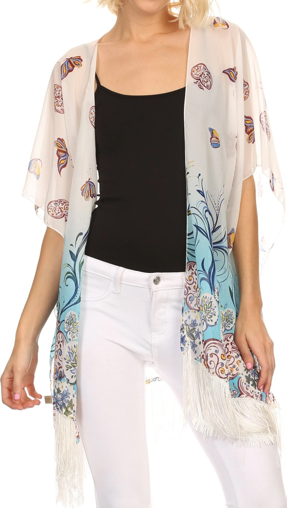 Sakkas Yew Long Wide Sheer Printed Fringe Bottom Short Draped Sleeve Kimono Top