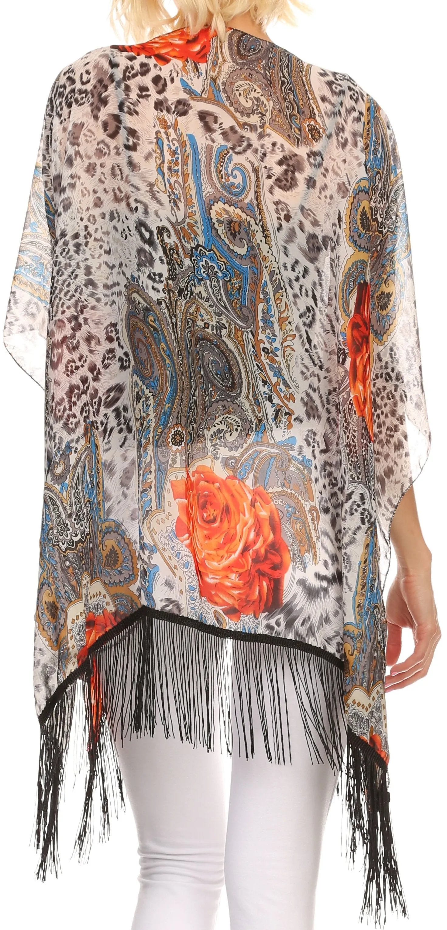 Sakkas Yew Long Wide Sheer Printed Fringe Bottom Short Draped Sleeve Kimono Top