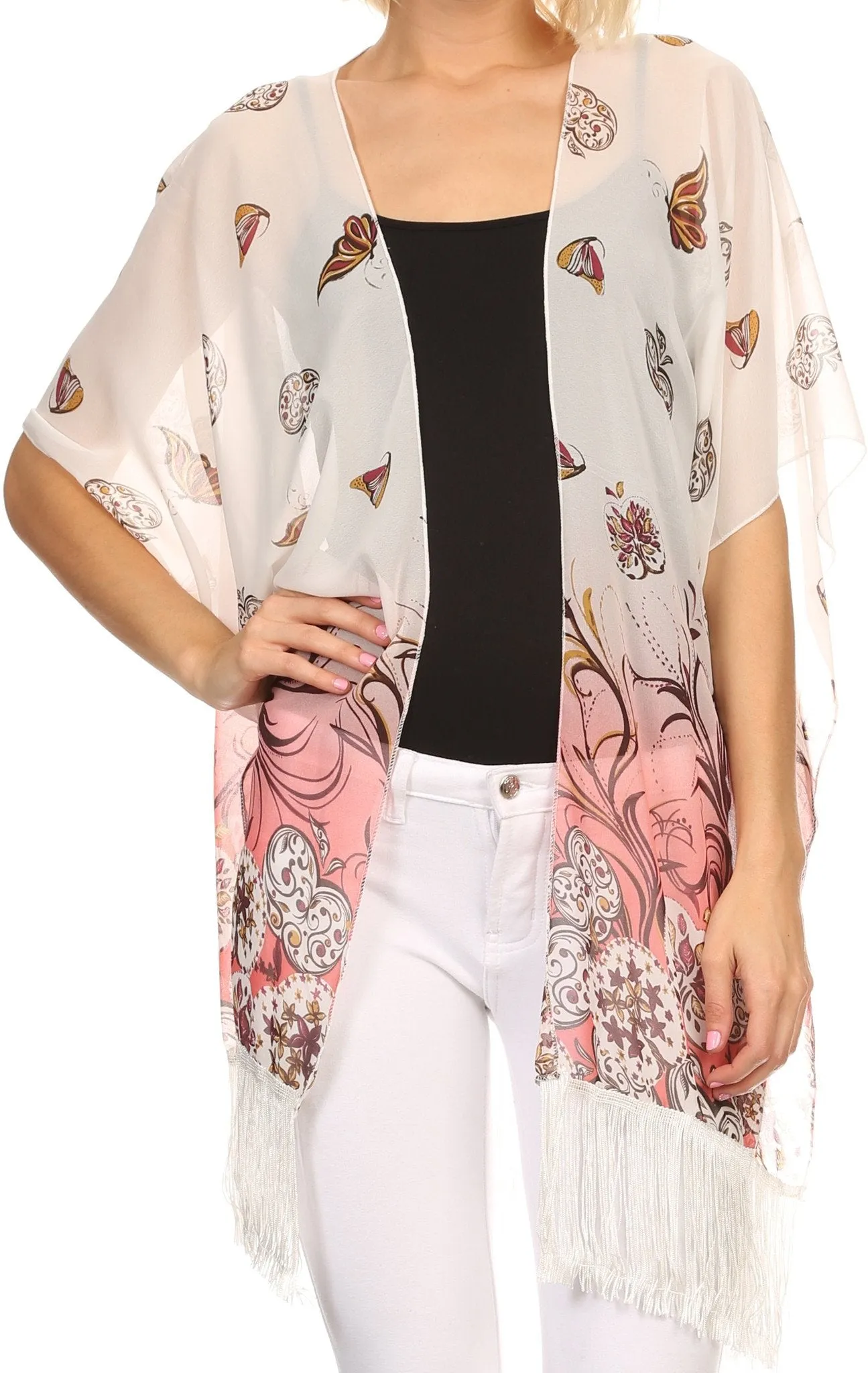 Sakkas Yew Long Wide Sheer Printed Fringe Bottom Short Draped Sleeve Kimono Top