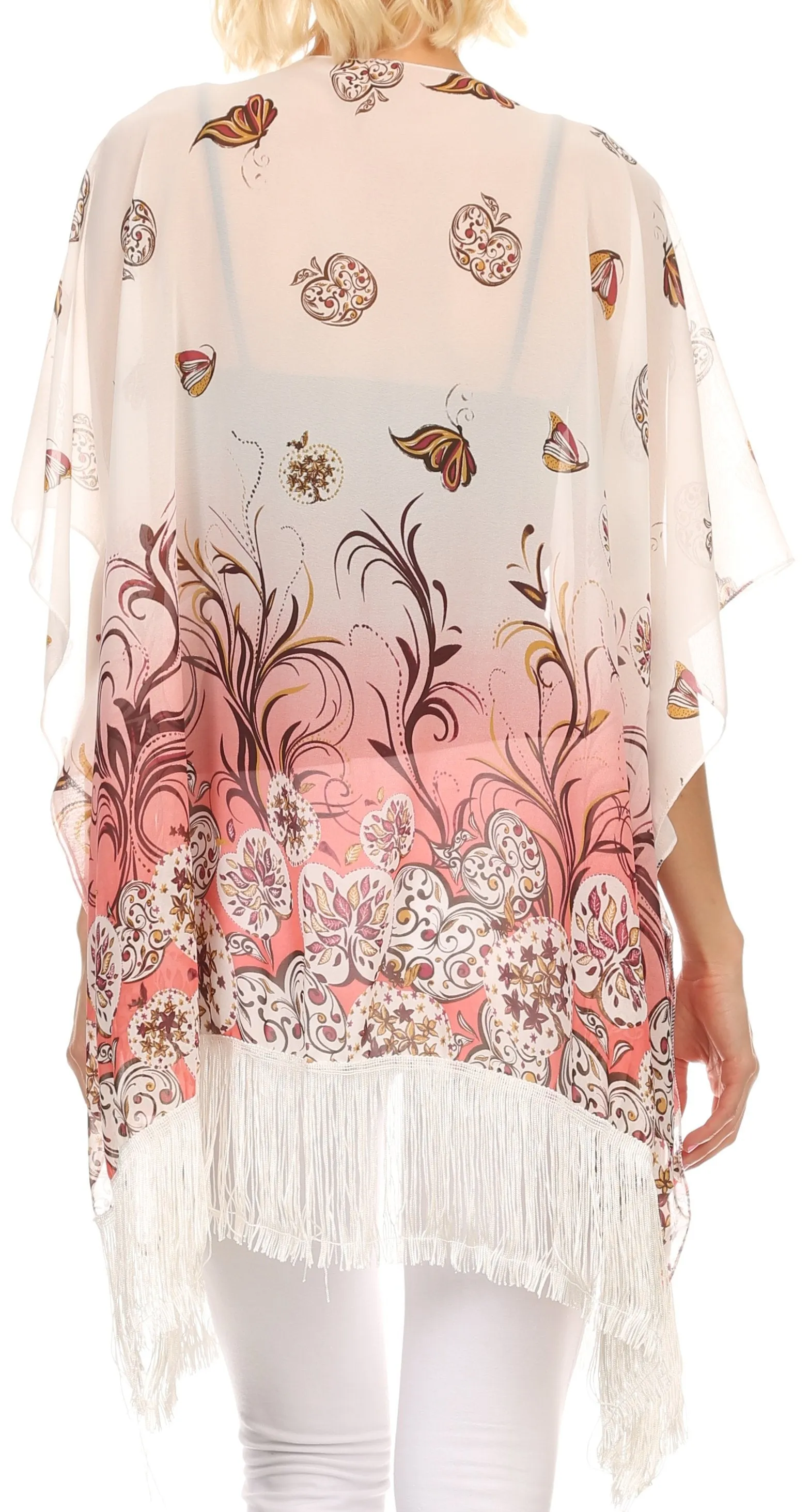 Sakkas Yew Long Wide Sheer Printed Fringe Bottom Short Draped Sleeve Kimono Top