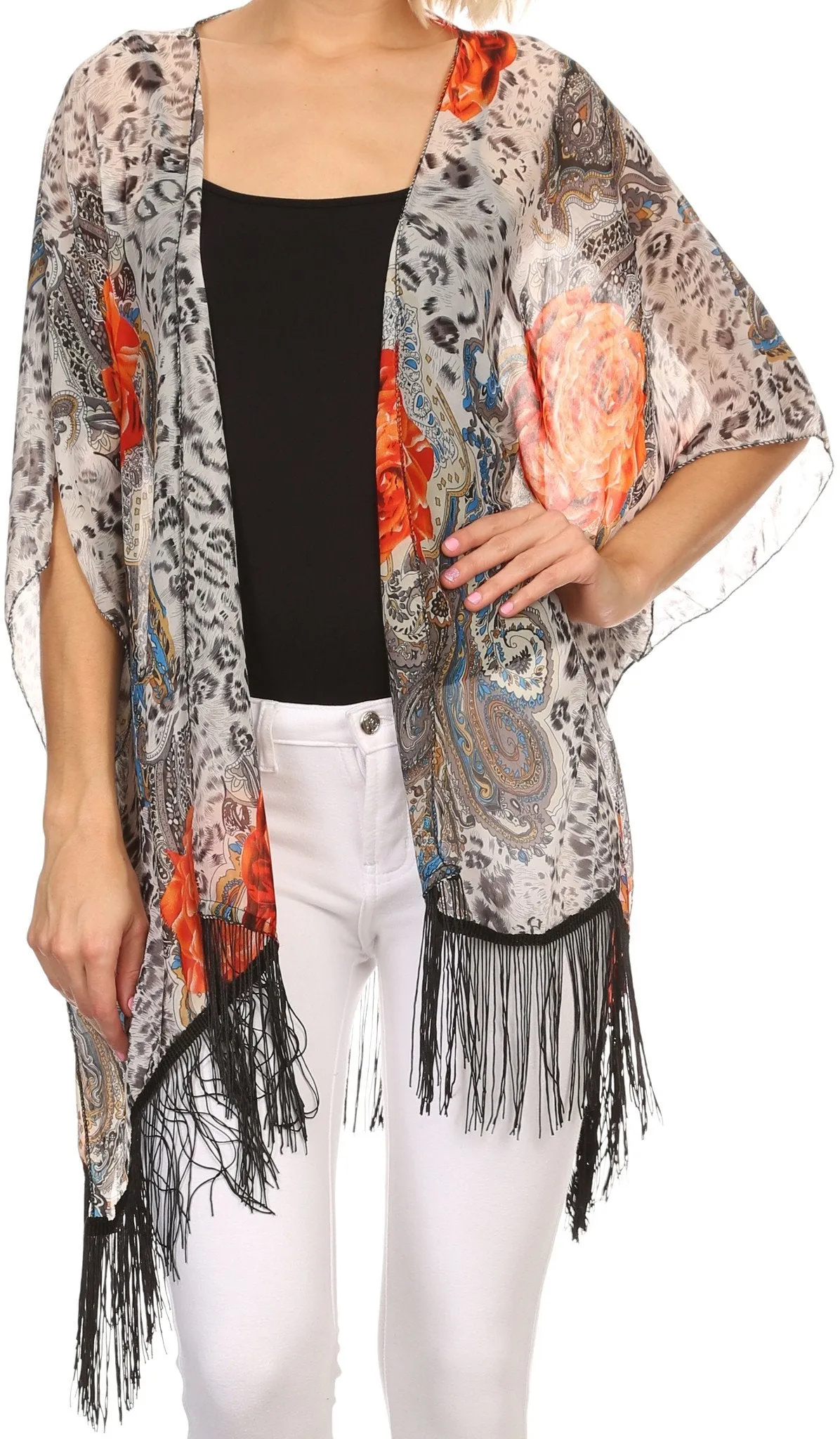 Sakkas Yew Long Wide Sheer Printed Fringe Bottom Short Draped Sleeve Kimono Top