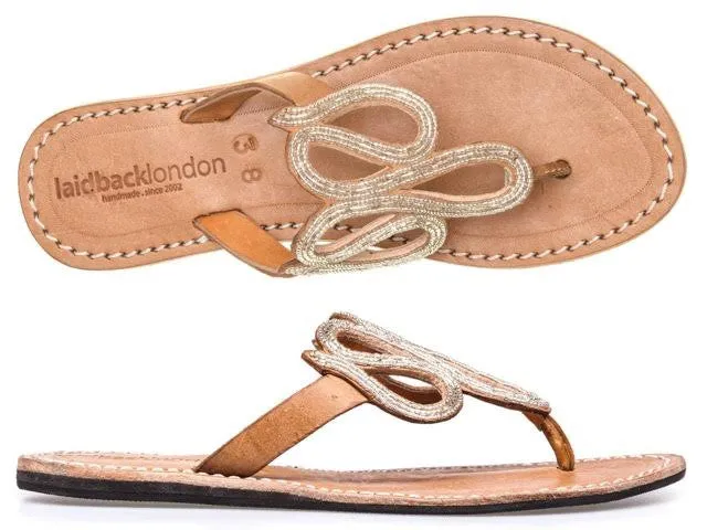 Silver Mid Brown Beaded Fletch Flat Sandals