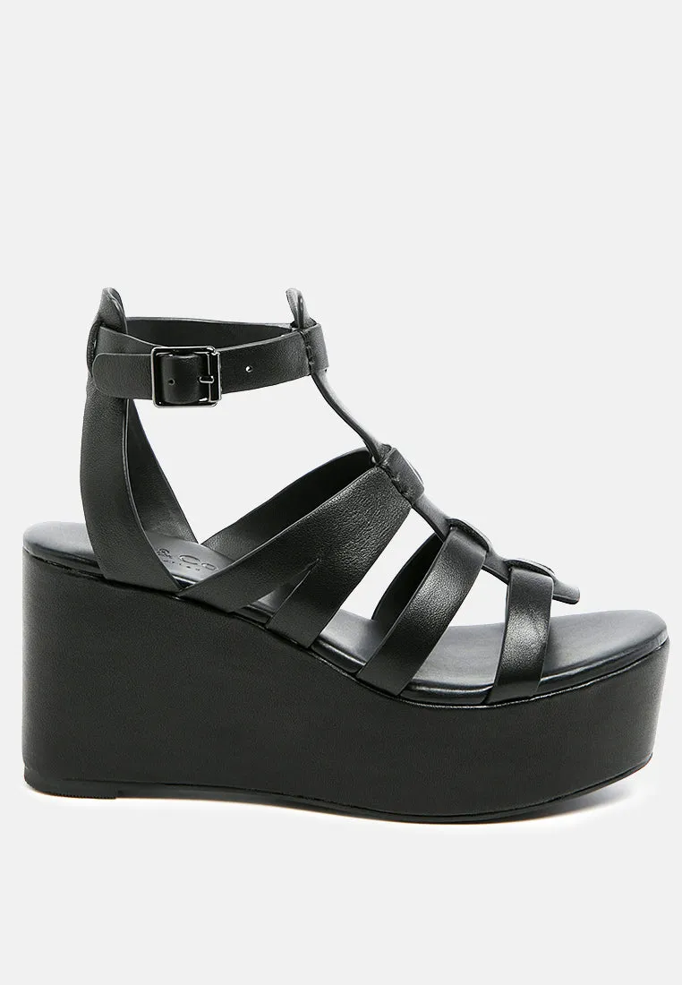 WINDRUSH Cage Wedge Leather Sandal in Black