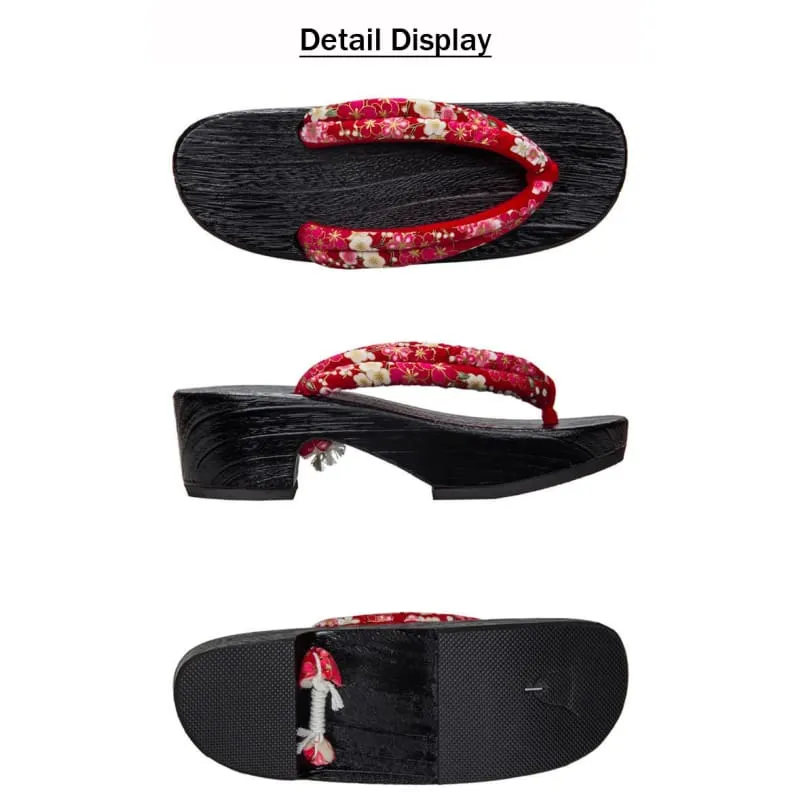 Women High Heel Geta Wooden Sandals [Red Base Cherry Blossom]